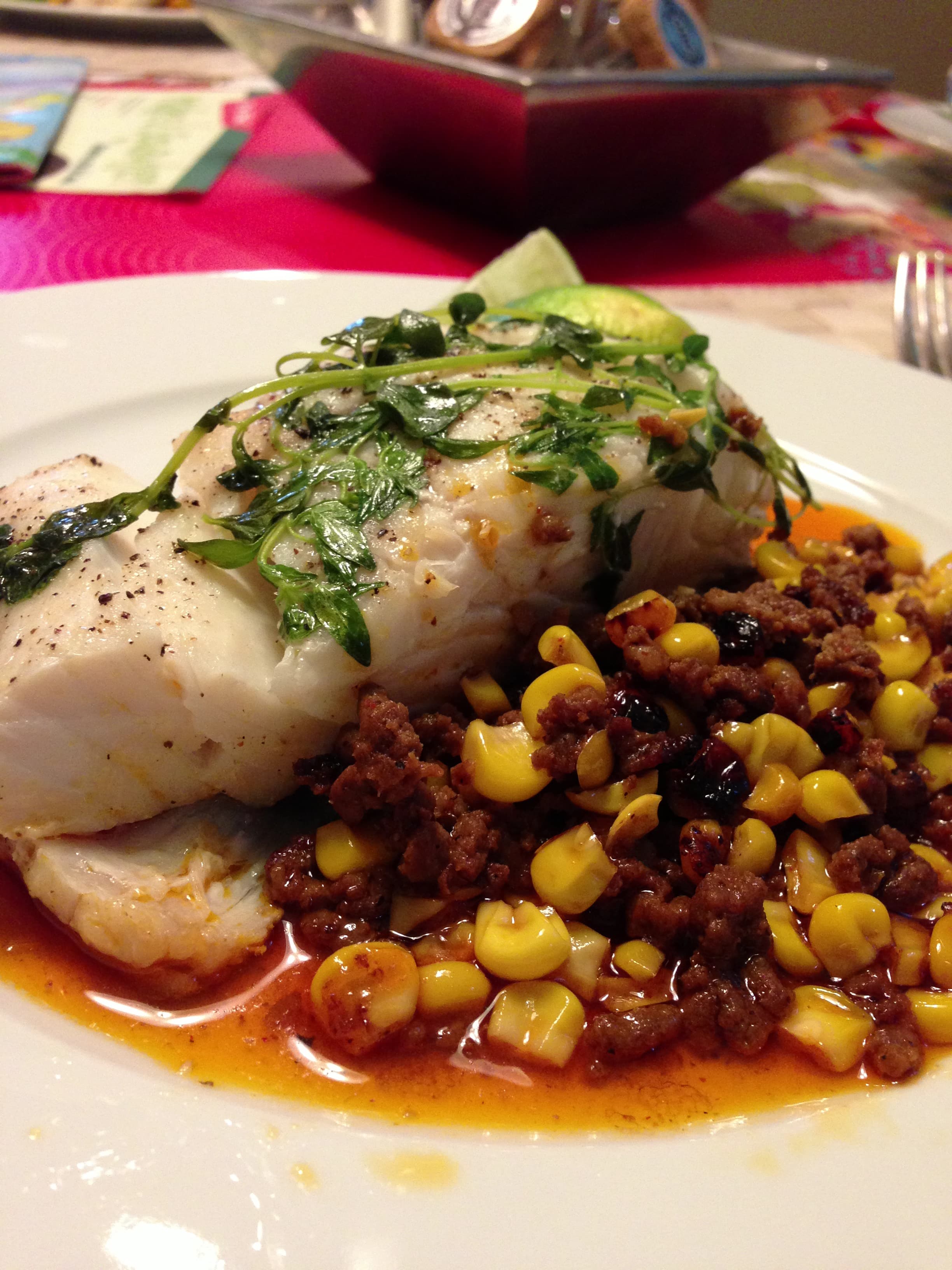 Halibut, corn and chorizo grill packets
